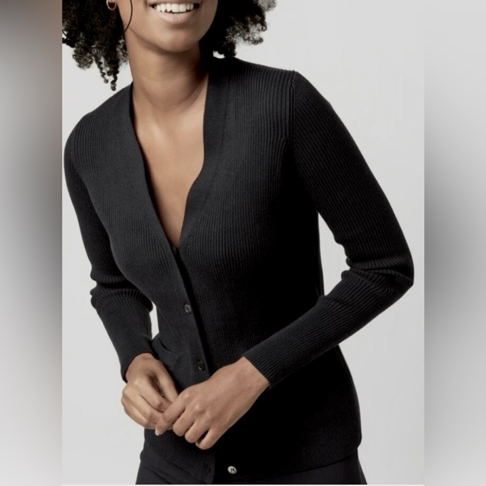 Ann Mashburn Nia Cardigan Slim Fit Ribbed Black Cotton Pearlized Buttons Size S